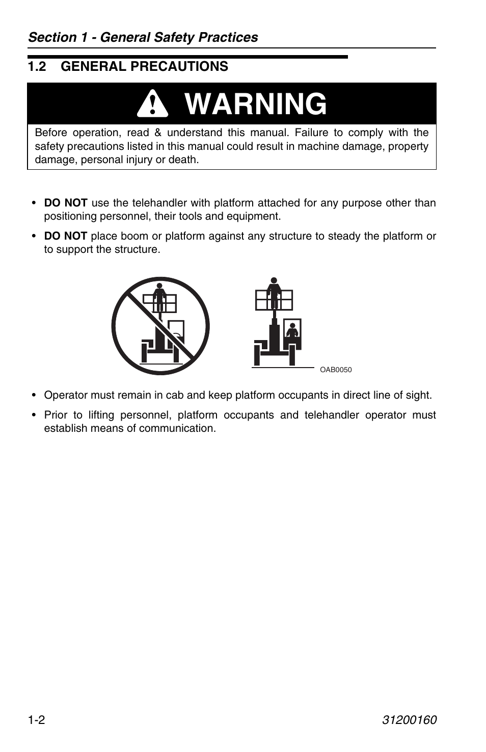 2 general precautions, 2 general precautions -2, Warning | JLG Telehandler Personnel Work Platform User Manual | Page 10 / 44