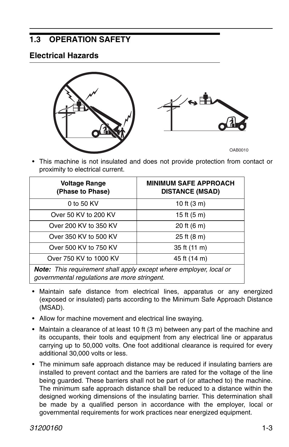 3 operation safety, Electrical hazards, 3 operation safety -3 | Electrical hazards -3, 3 operation safety electrical hazards | JLG Telehandler Personnel Work Platform User Manual | Page 11 / 44