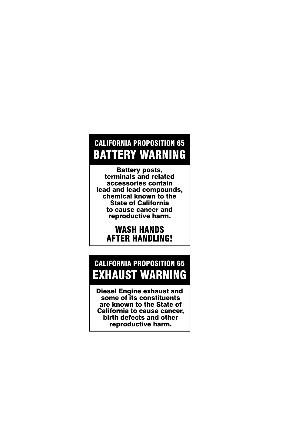 Battery warning, Exhaust warning, Wash hands after handling | JLG Telehandler Personnel Work Platform User Manual | Page 2 / 44