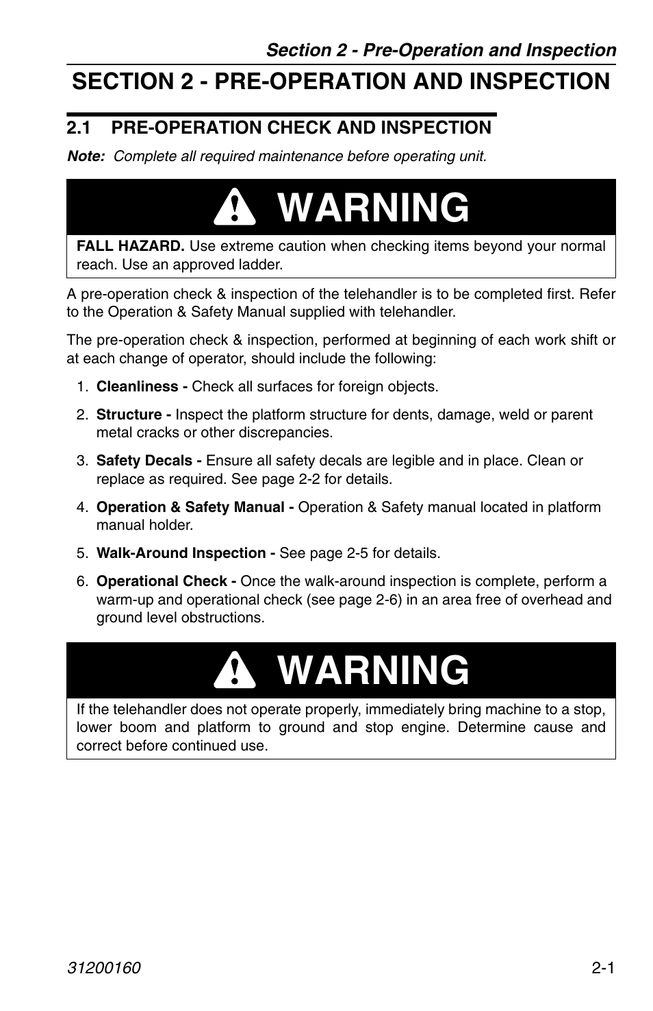 Section 2 - pre-operation and inspection, 1 pre-operation check and inspection, 1 pre-operation check and inspection -1 | Warning | JLG Telehandler Personnel Work Platform User Manual | Page 21 / 44