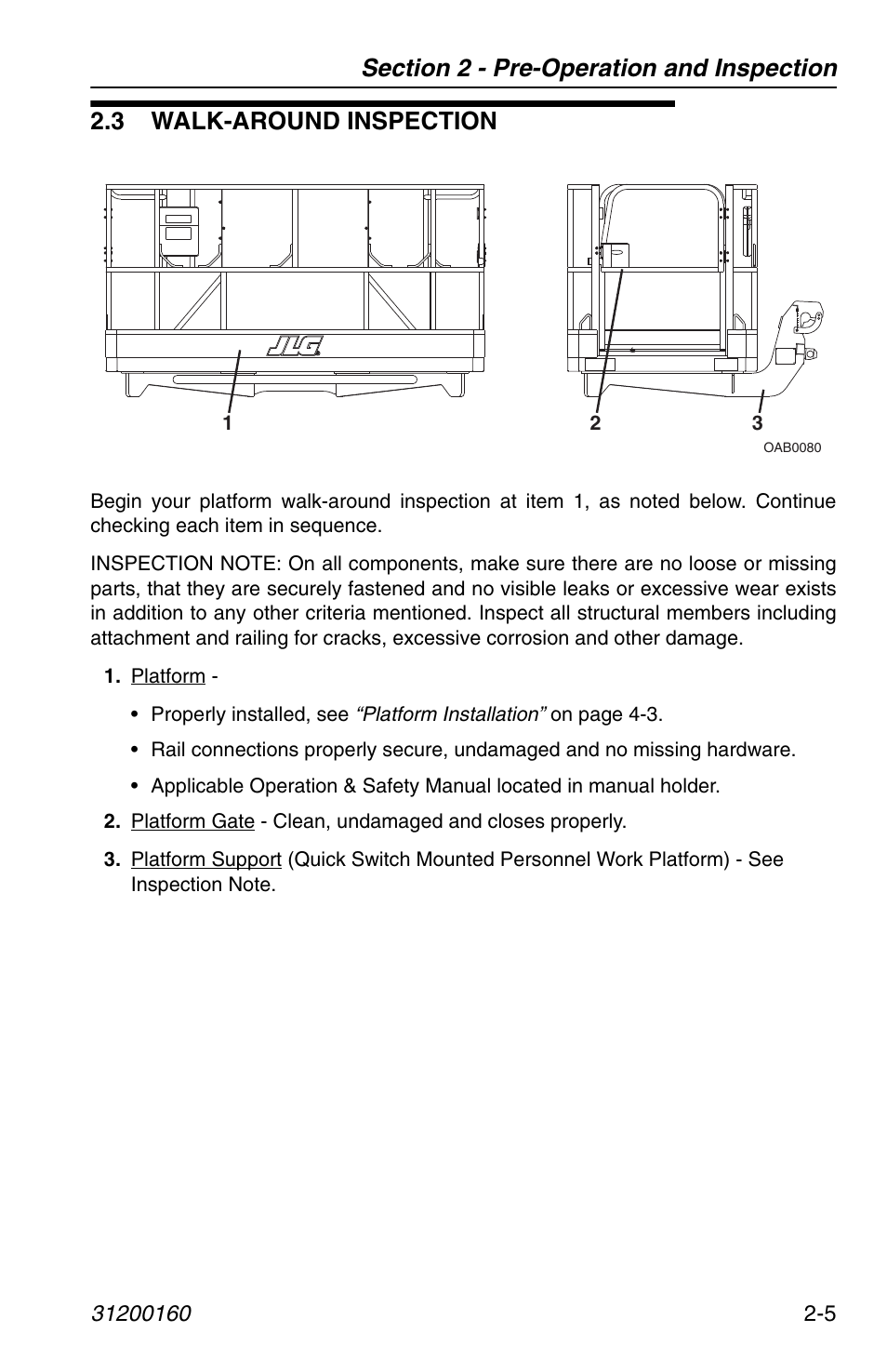 3 walk-around inspection, 3 walk-around inspection -5 | JLG Telehandler Personnel Work Platform User Manual | Page 25 / 44