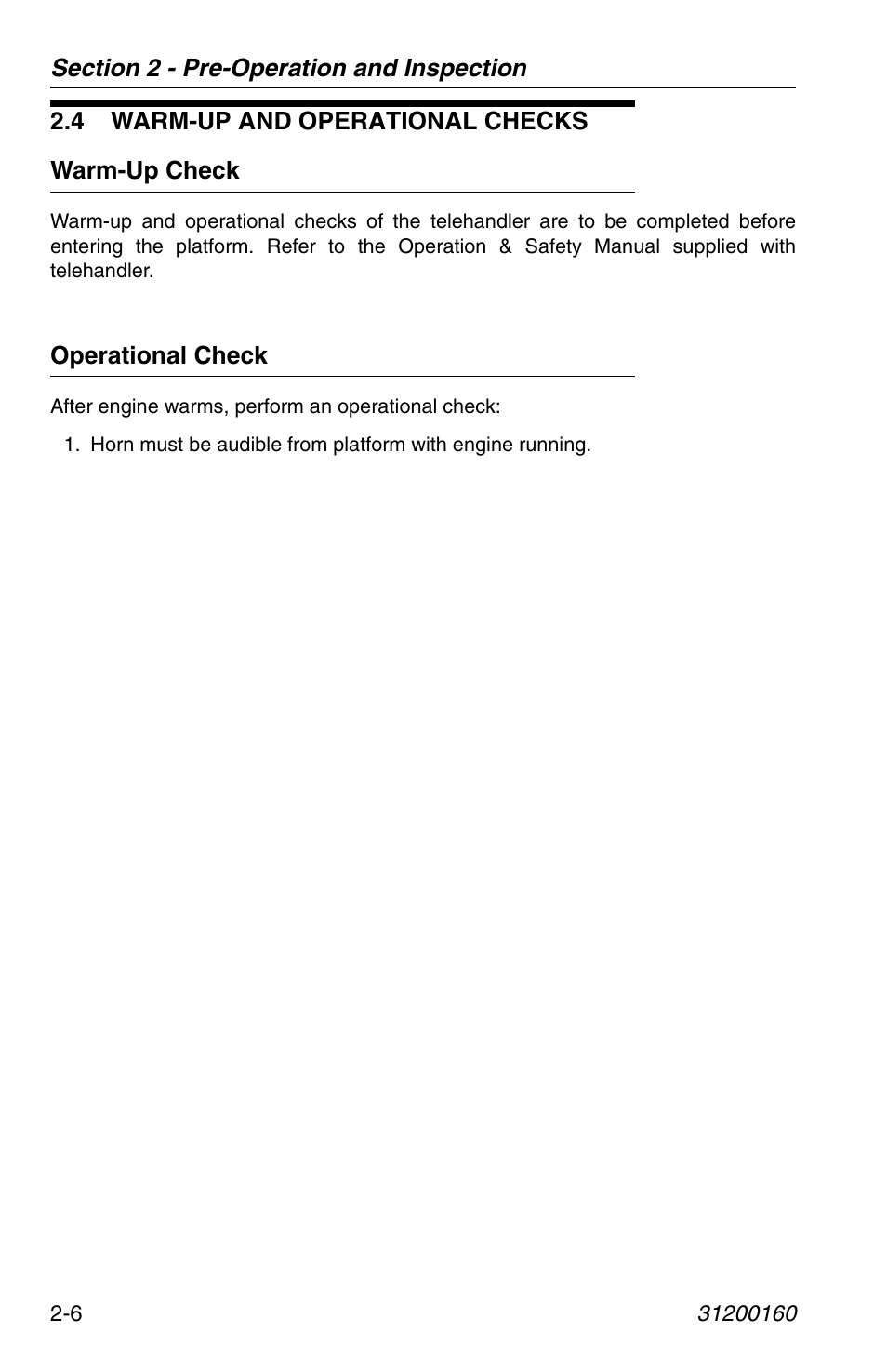 4 warm-up and operational checks, Warm-up check, Operational check | 4 warm-up and operational checks -6, Warm-up check -6 operational check -6 | JLG Telehandler Personnel Work Platform User Manual | Page 26 / 44