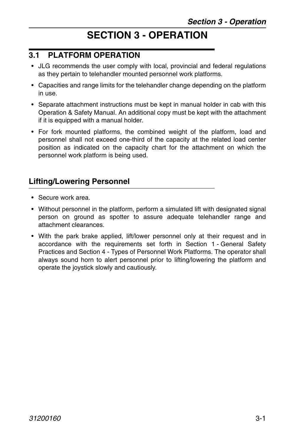 Section 3 - operation, 1 platform operation, Lifting/lowering personnel | 1 platform operation -1, Lifting/lowering personnel -1 | JLG Telehandler Personnel Work Platform User Manual | Page 27 / 44