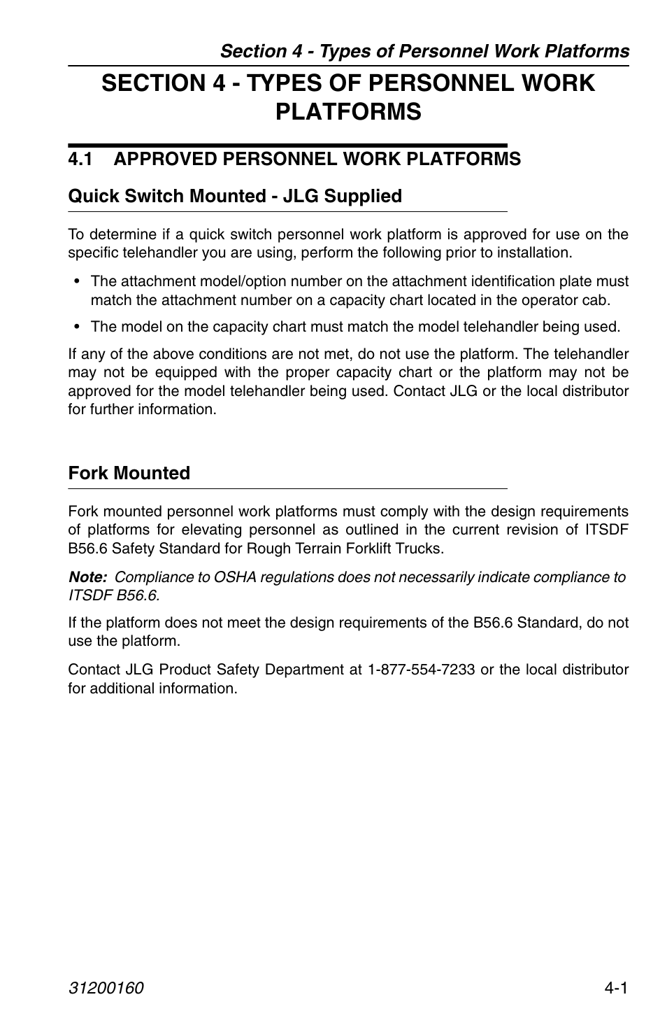 Section 4 - types of personnel work platforms, 1 approved personnel work platforms, Quick switch mounted - jlg supplied | Fork mounted, 1 approved personnel work platforms -1 | JLG Telehandler Personnel Work Platform User Manual | Page 31 / 44