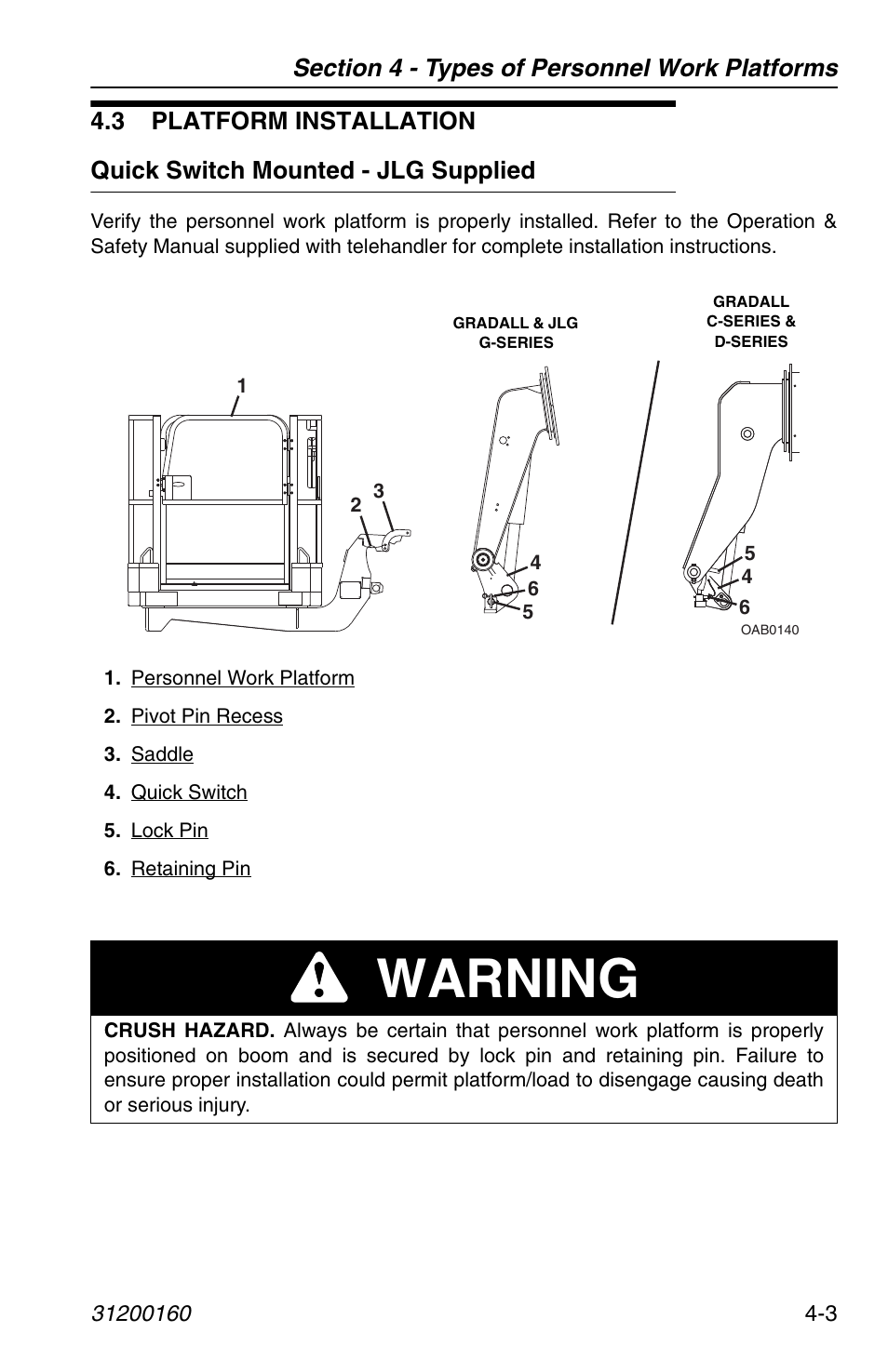3 platform installation, Quick switch mounted - jlg supplied, 3 platform installation -3 | Quick switch mounted - jlg supplied -3, Warning | JLG Telehandler Personnel Work Platform User Manual | Page 33 / 44