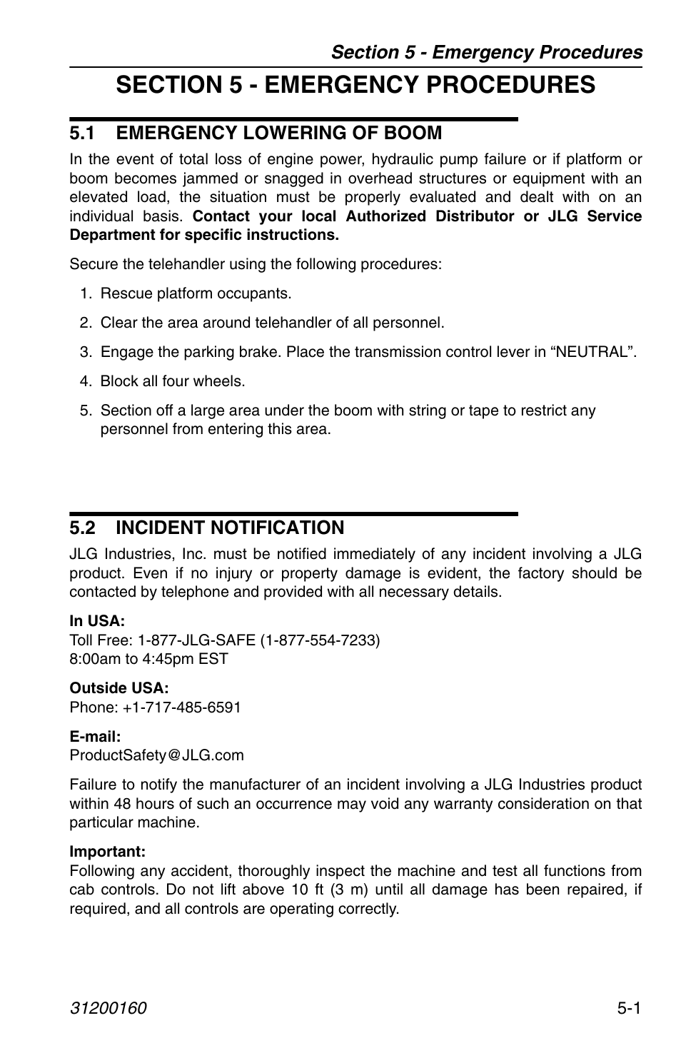 Section 5 - emergency procedures, 1 emergency lowering of boom, 2 incident notification | JLG Telehandler Personnel Work Platform User Manual | Page 35 / 44