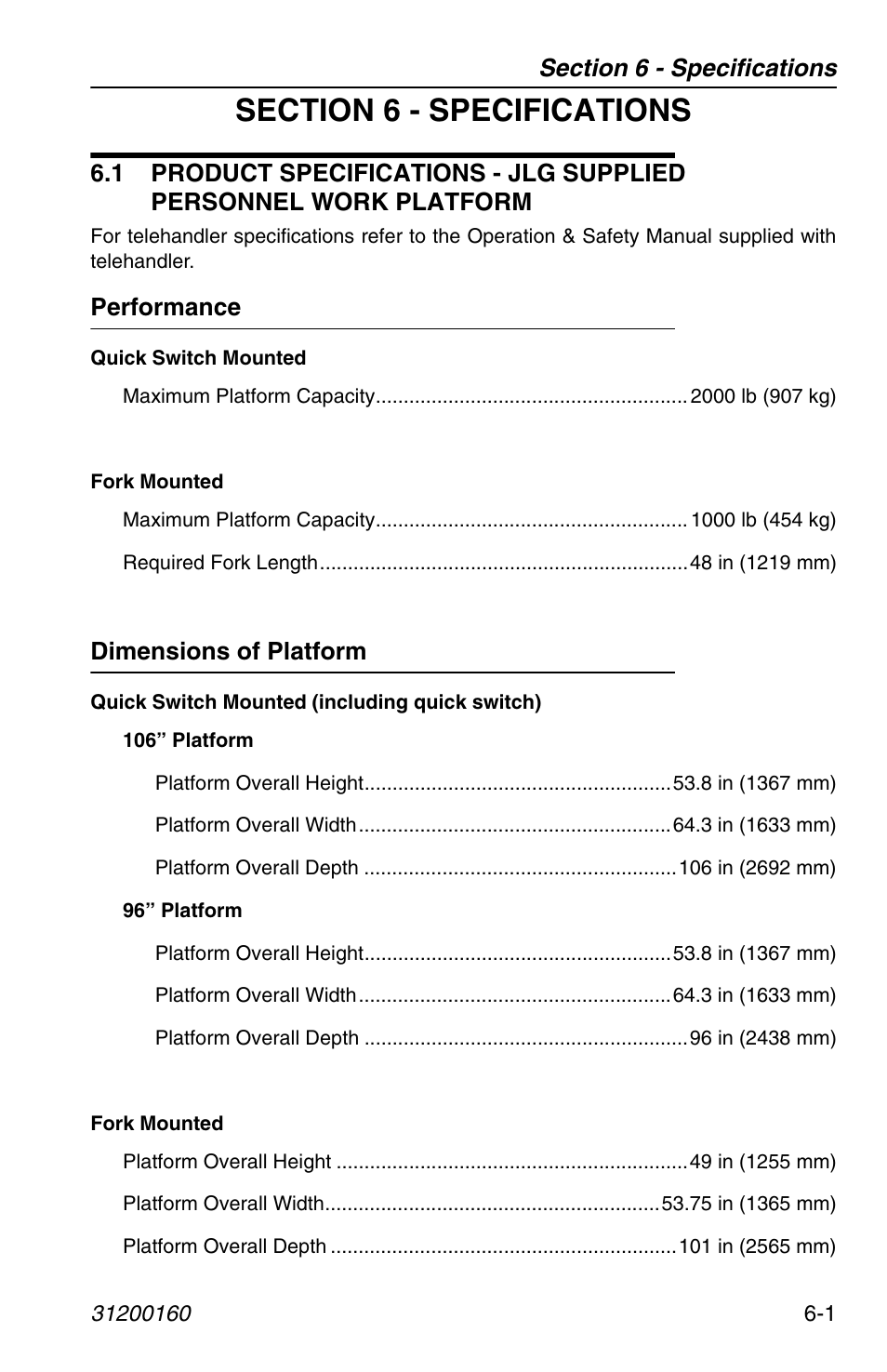 Section 6 - specifications, Performance, Dimensions of platform | 1 product specifications - jlg supplied personnel, Work platform -1, Performance -1 dimensions of platform -1 | JLG Telehandler Personnel Work Platform User Manual | Page 37 / 44