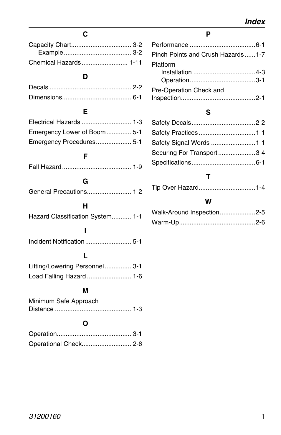 Index | JLG Telehandler Personnel Work Platform User Manual | Page 39 / 44