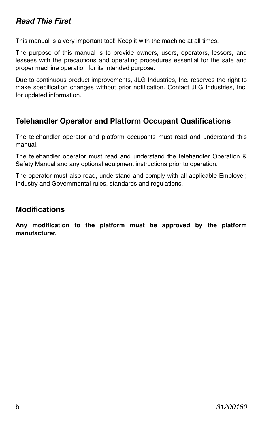 Read this first, Modifications | JLG Telehandler Personnel Work Platform User Manual | Page 4 / 44