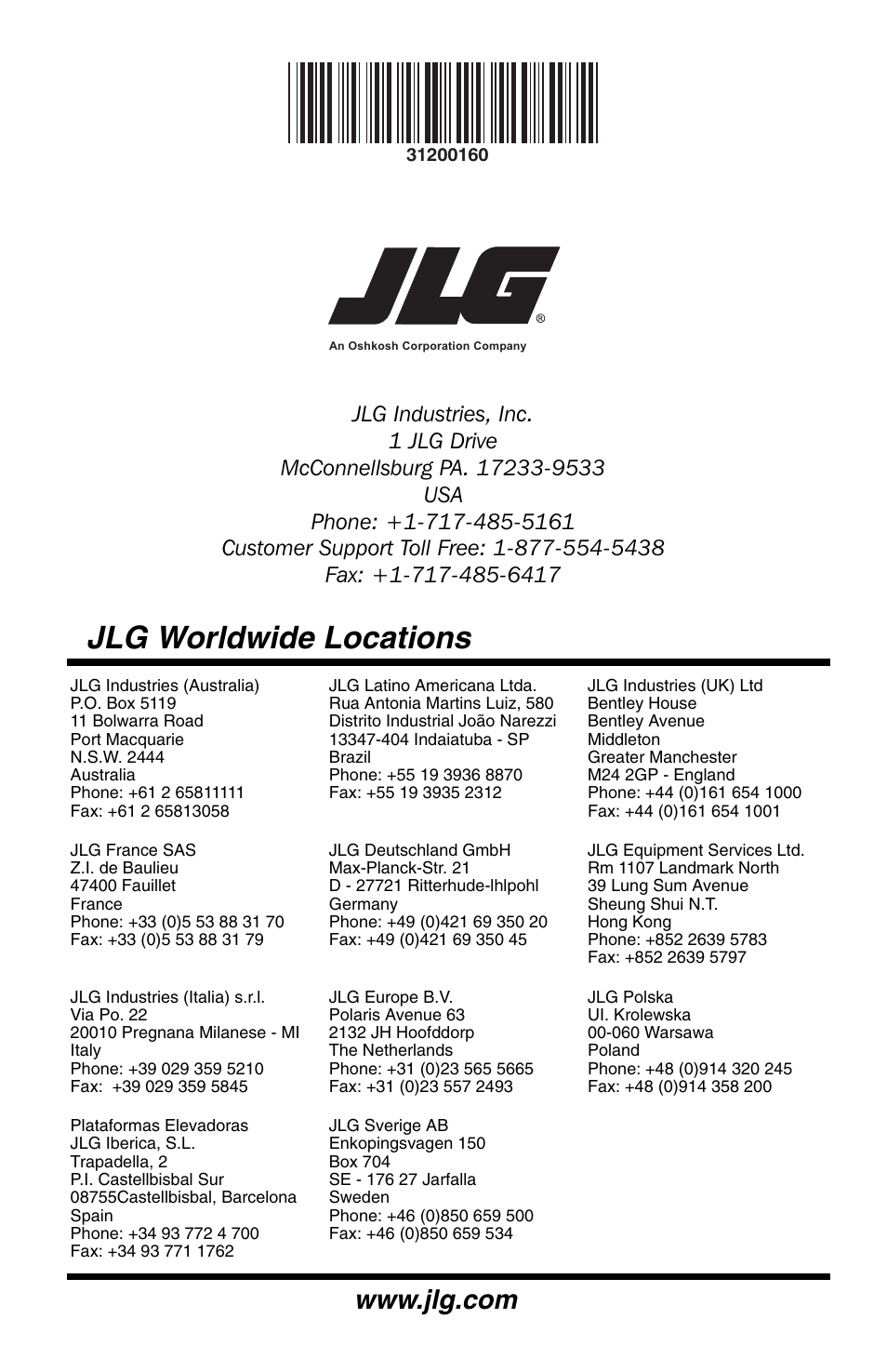 Jlg worldwide locations | JLG Telehandler Personnel Work Platform User Manual | Page 44 / 44