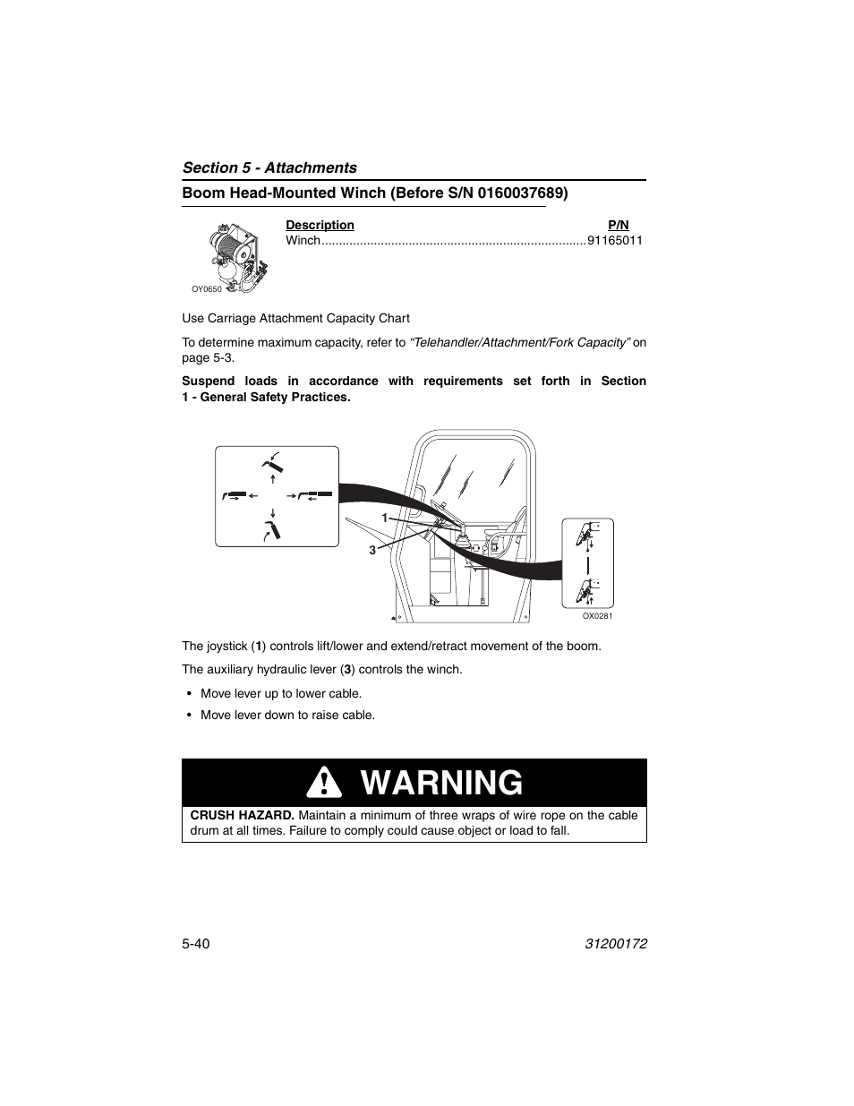 Boom head-mounted winch (before s/n 0160037689), Warning | JLG 544D-10 Operator Manual User Manual | Page 102 / 142
