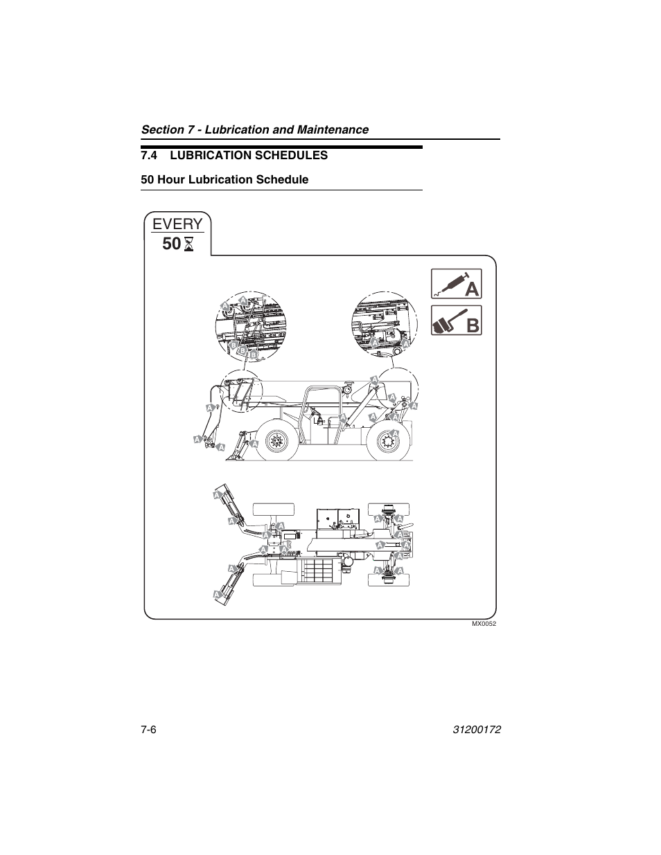 4 lubrication schedules, 50 hour lubrication schedule, 4 lubrication schedules -6 | 50 hour lubrication schedule -6, Every | JLG 544D-10 Operator Manual User Manual | Page 114 / 142