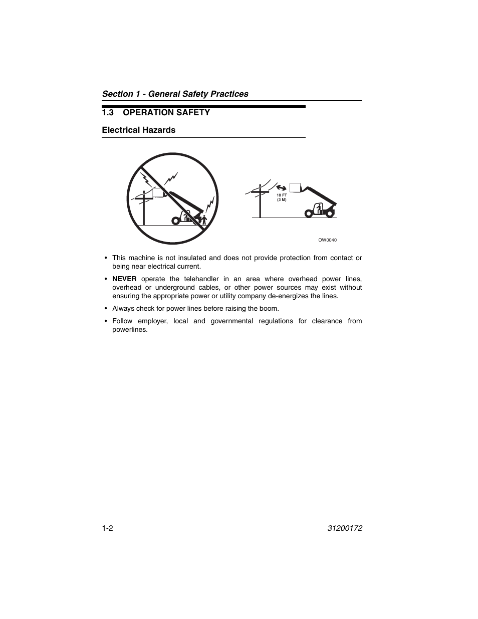 3 operation safety, Electrical hazards, 3 operation safety -2 | Electrical hazards -2 | JLG 544D-10 Operator Manual User Manual | Page 12 / 142