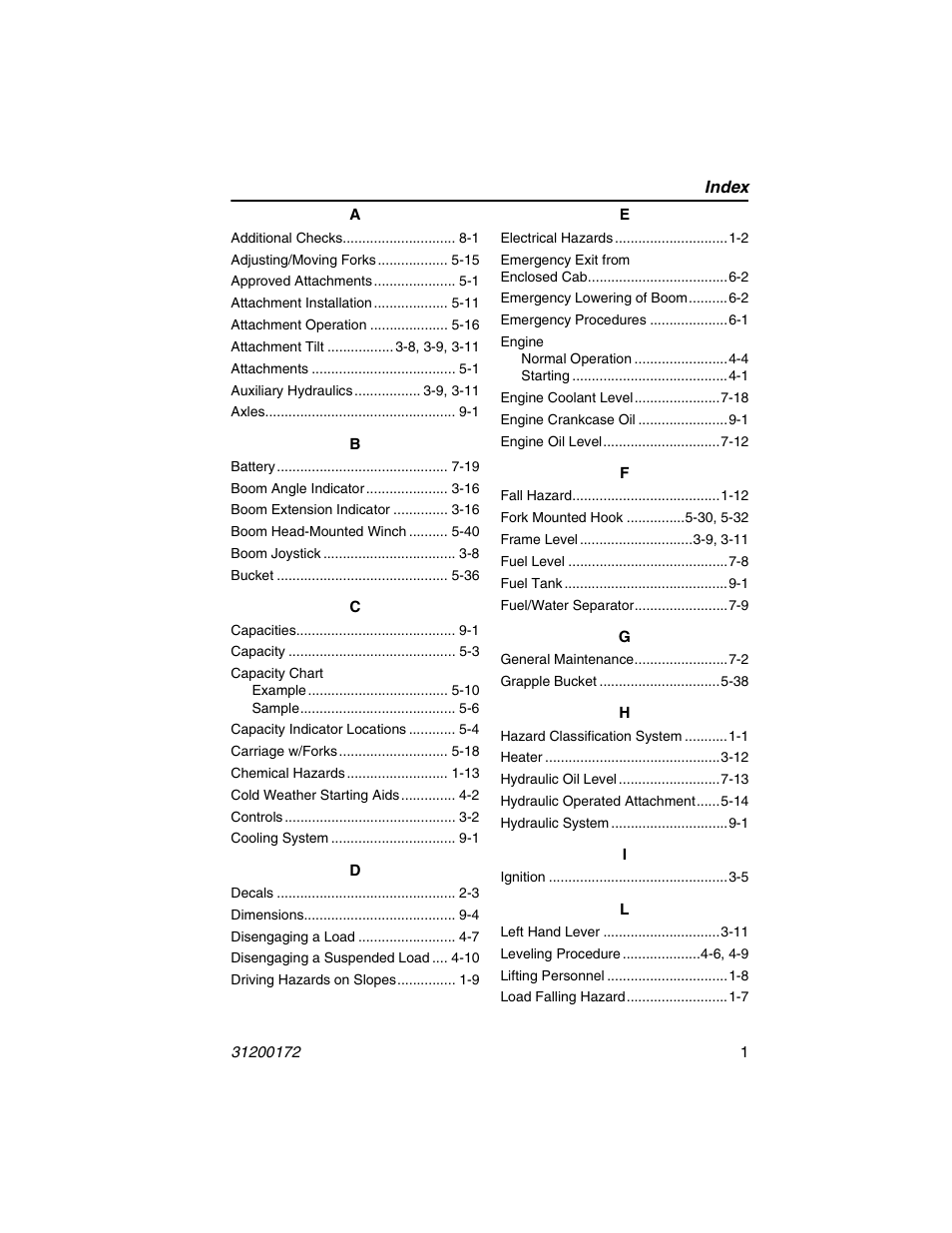 Index | JLG 544D-10 Operator Manual User Manual | Page 135 / 142