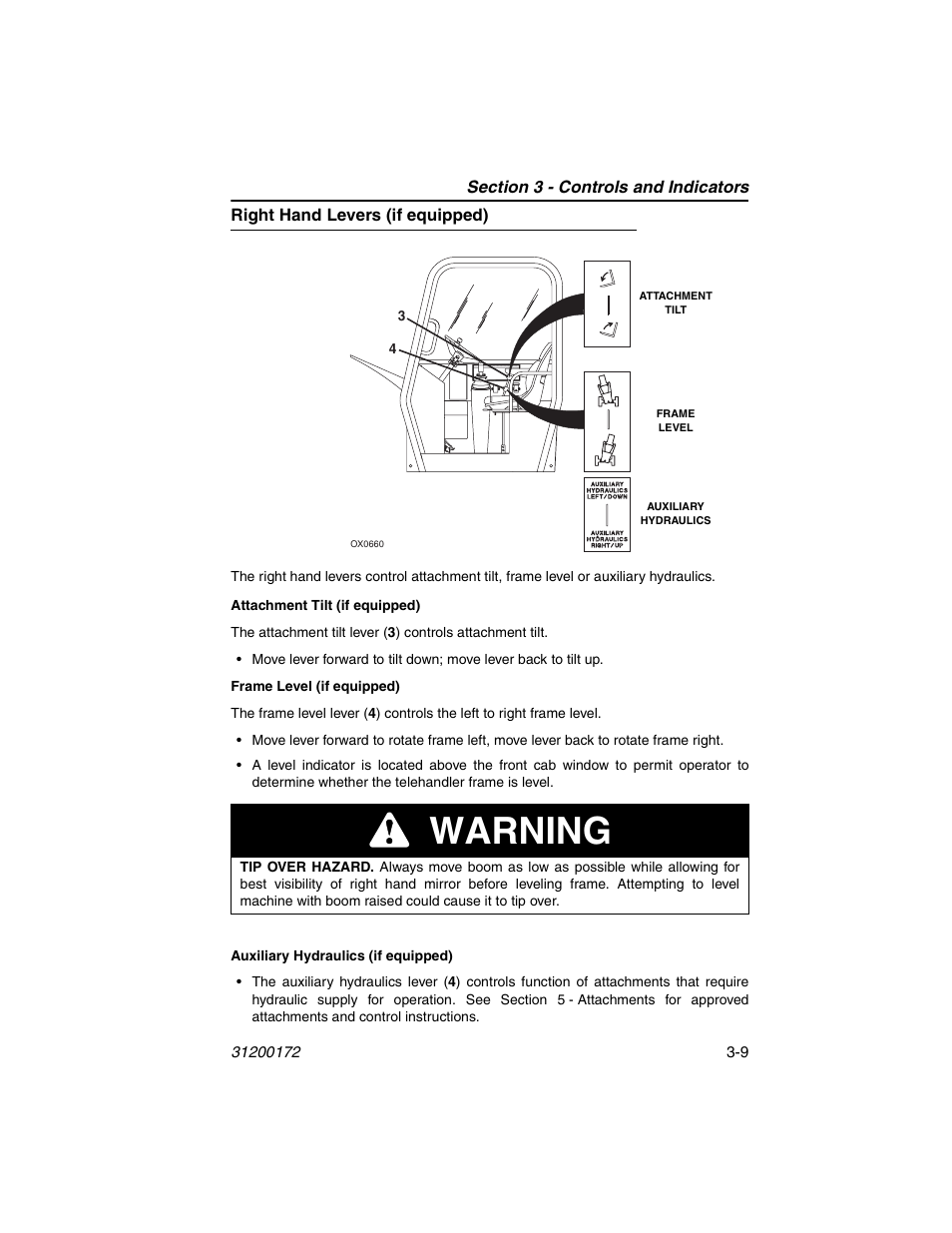 Right hand levers (if equipped), Right hand levers (if equipped) -9, Warning | JLG 544D-10 Operator Manual User Manual | Page 43 / 142