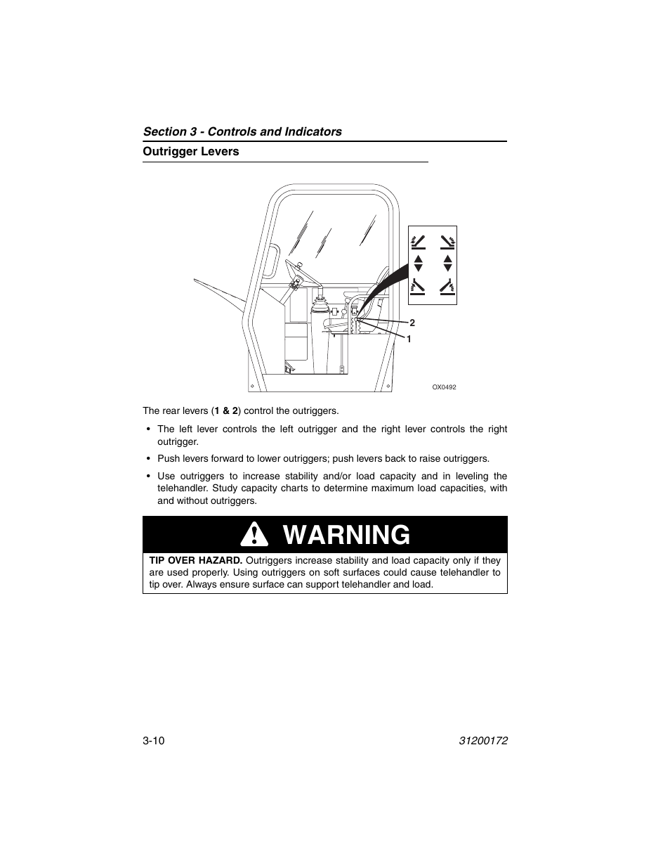 Outrigger levers, Outrigger levers -10, Warning | JLG 544D-10 Operator Manual User Manual | Page 44 / 142