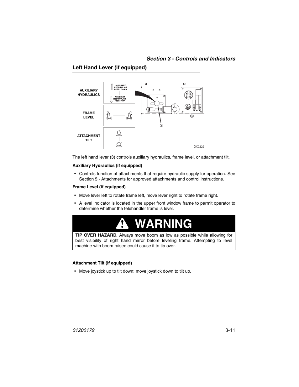 Left hand lever (if equipped), Left hand lever (if equipped) -11, Warning | JLG 544D-10 Operator Manual User Manual | Page 45 / 142