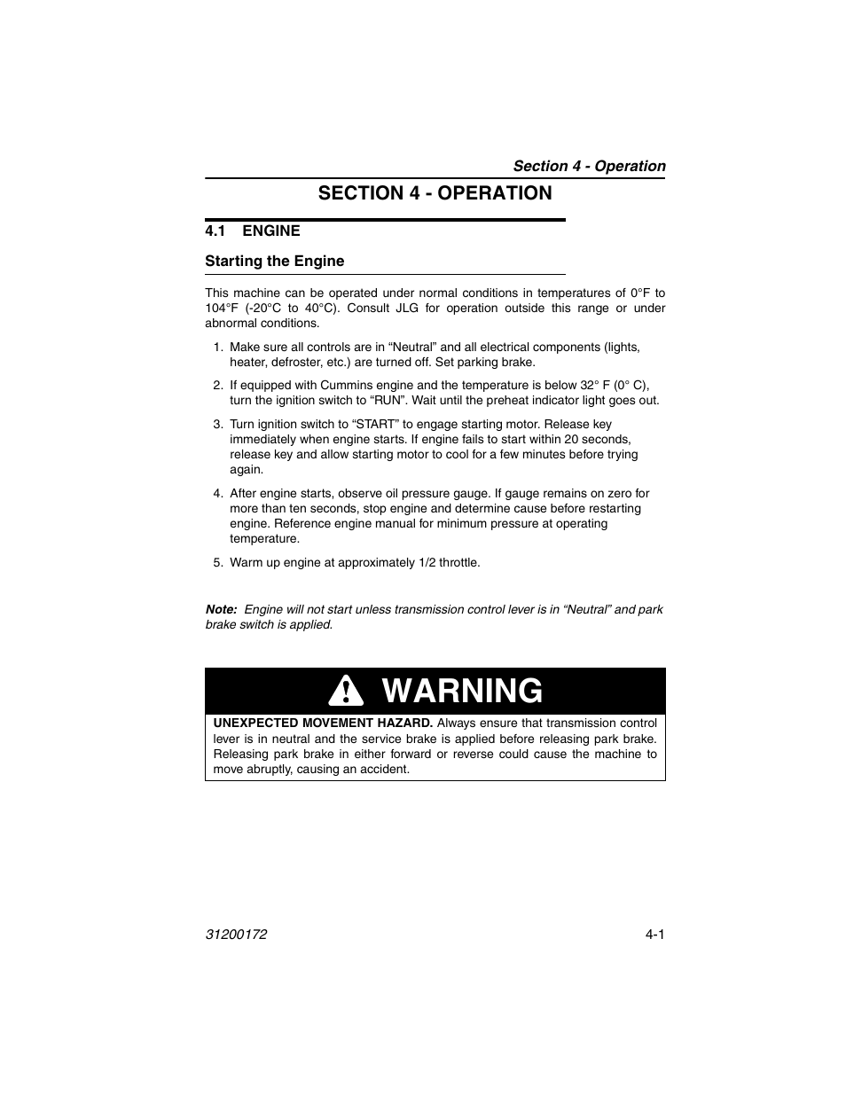 Section 4 - operation, 1 engine, Starting the engine | 1 engine -1, Starting the engine -1, Warning | JLG 544D-10 Operator Manual User Manual | Page 51 / 142
