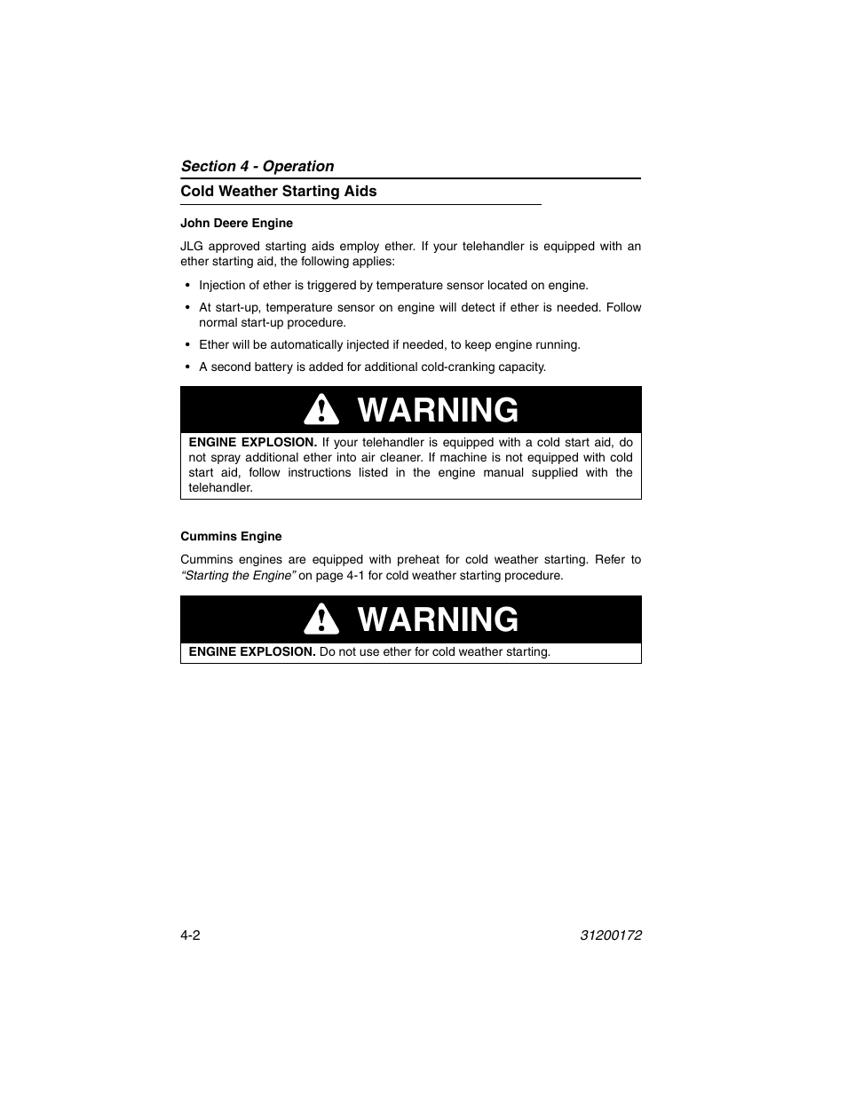 Cold weather starting aids, Cold weather starting aids -2, Warning | JLG 544D-10 Operator Manual User Manual | Page 52 / 142