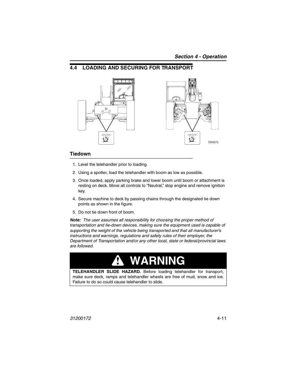 4 loading and securing for transport, Tiedown, 4 loading and securing for transport -11 | Tiedown -11, Warning | JLG 544D-10 Operator Manual User Manual | Page 61 / 142
