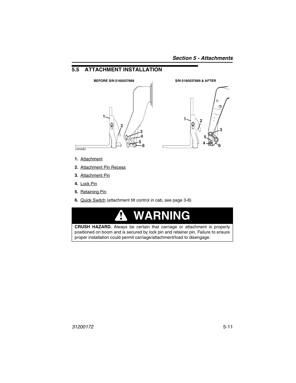 5 attachment installation, 5 attachment installation -11, Warning | JLG 544D-10 Operator Manual User Manual | Page 73 / 142