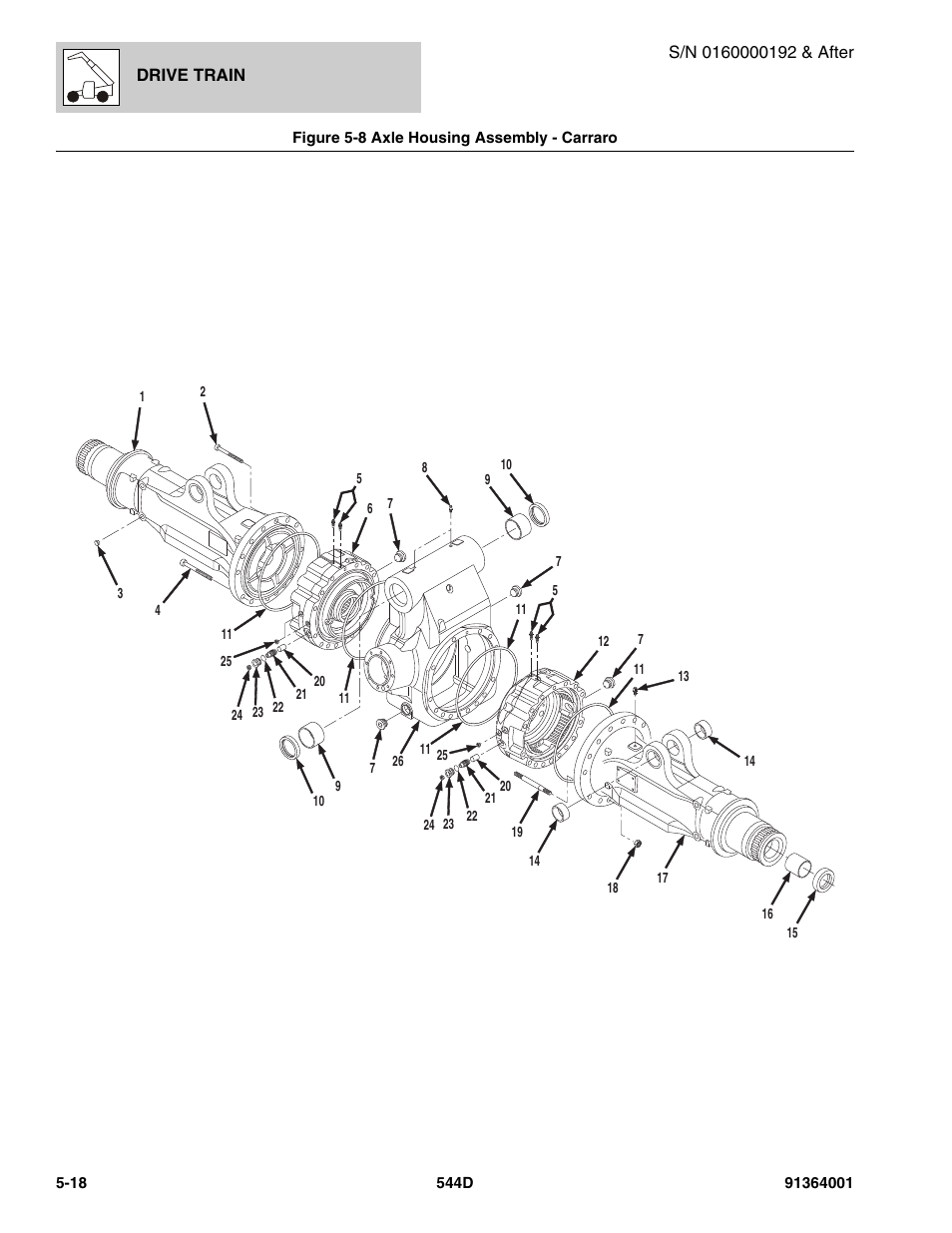 Figure 5-8 axle housing assembly - carraro, Axle housing assembly - carraro -18, Housing assy, (see figure 5-8 for details) | JLG 544D-10 Parts Manual User Manual | Page 250 / 730