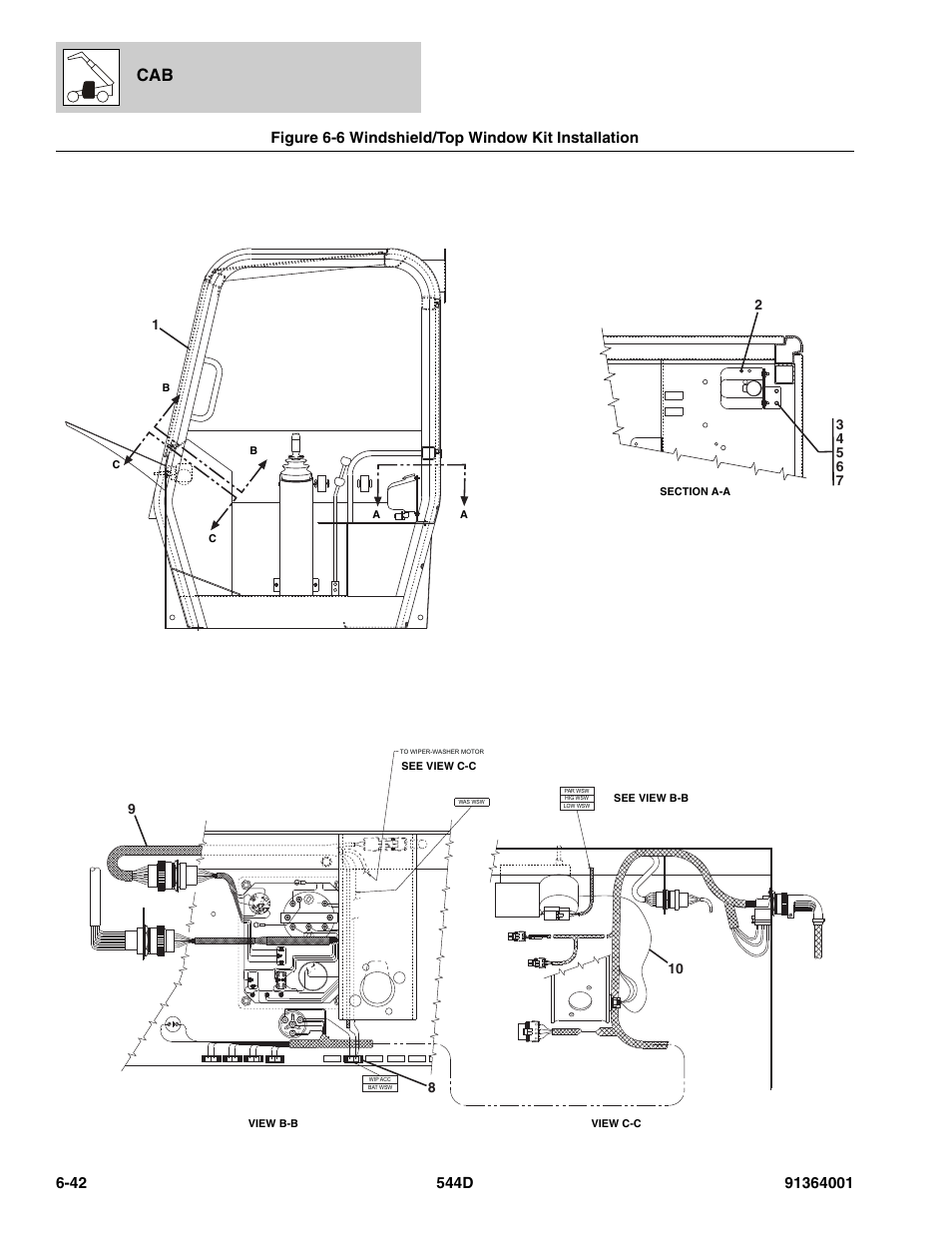 Figure 6-6 windshield/top window kit installation, Windshield/top window kit installation -42, Gnd lt oil +12v fuel temp gro | Ign acc acc bat ba t ign st | JLG 544D-10 Parts Manual User Manual | Page 308 / 730