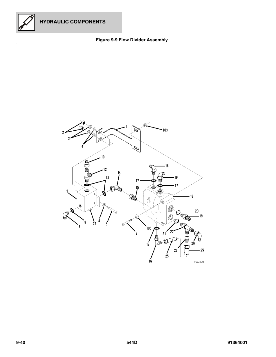 Figure 9-9 flow divider assembly, Flow divider assembly -40, W divider assy, (see figure 9-9 for details) | W divider, (see figure 9-9 for details) | JLG 544D-10 Parts Manual User Manual | Page 466 / 730