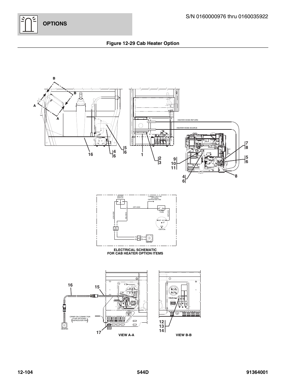 Options, Figure 12-29 cab heater option, Shutdwn override park brake check engine | Rheater on off 1 2 3 b a b a, B a a b | JLG 544D-10 Parts Manual User Manual | Page 678 / 730