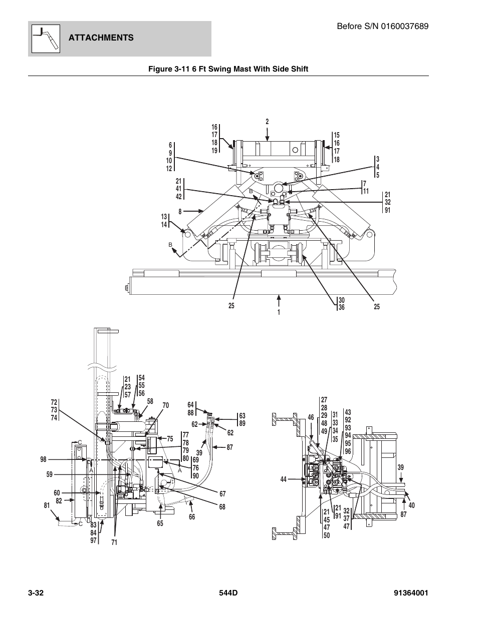 Figure 3-11 6 ft swing mast with side shift, 6 ft swing mast with side shift -32 | JLG 544D-10 Parts Manual User Manual | Page 90 / 730