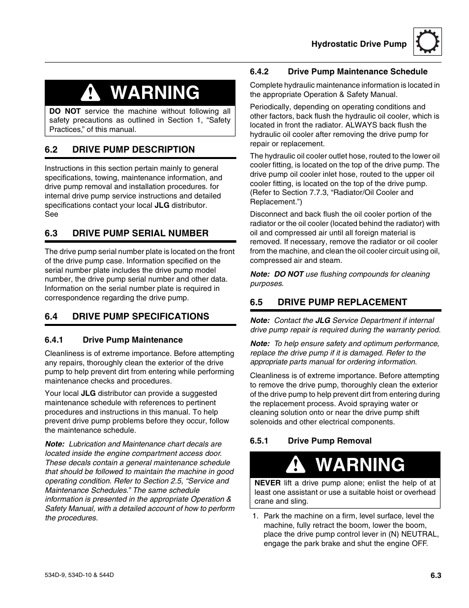 2 drive pump description, 3 drive pump serial number, 4 drive pump specifications | 1 drive pump maintenance, 2 drive pump maintenance schedule, 5 drive pump replacement, 1 drive pump removal, Drive pump specifications, Drive pump replacement, Hydrostatic drive performance checks | JLG 534D-10 User Manual | Page 101 / 174