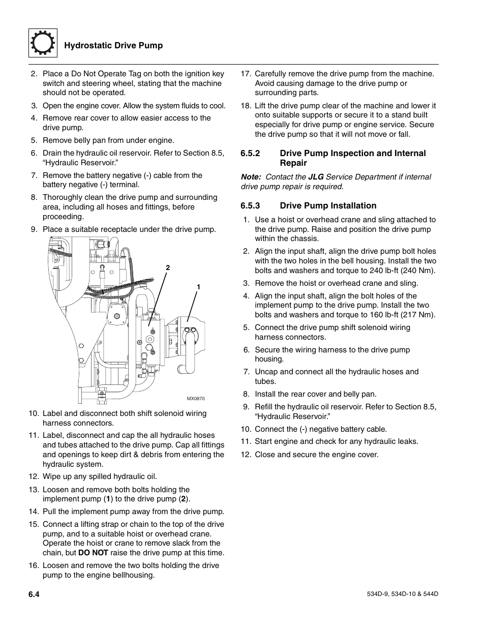 2 drive pump inspection and internal repair, 3 drive pump installation, Drive pump inspection and internal repair | Drive pump installation | JLG 534D-10 User Manual | Page 102 / 174