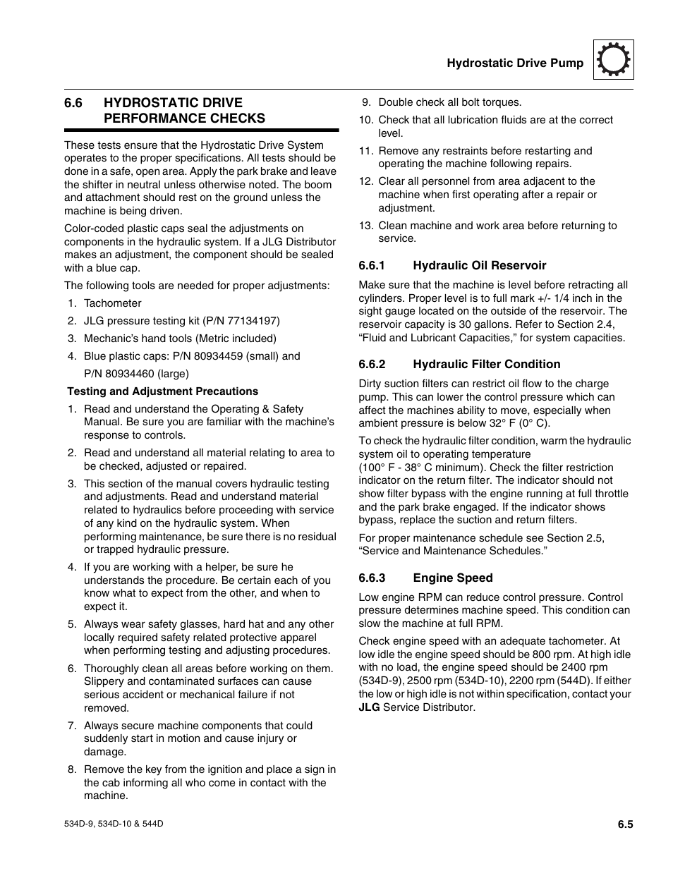 6 hydrostatic drive performance checks, 1 hydraulic oil reservoir, 2 hydraulic filter condition | 3 engine speed, Engine, Hydrostatic drive performance checks, Hydraulic oil reservoir, Hydraulic filter condition, Engine speed | JLG 534D-10 User Manual | Page 103 / 174