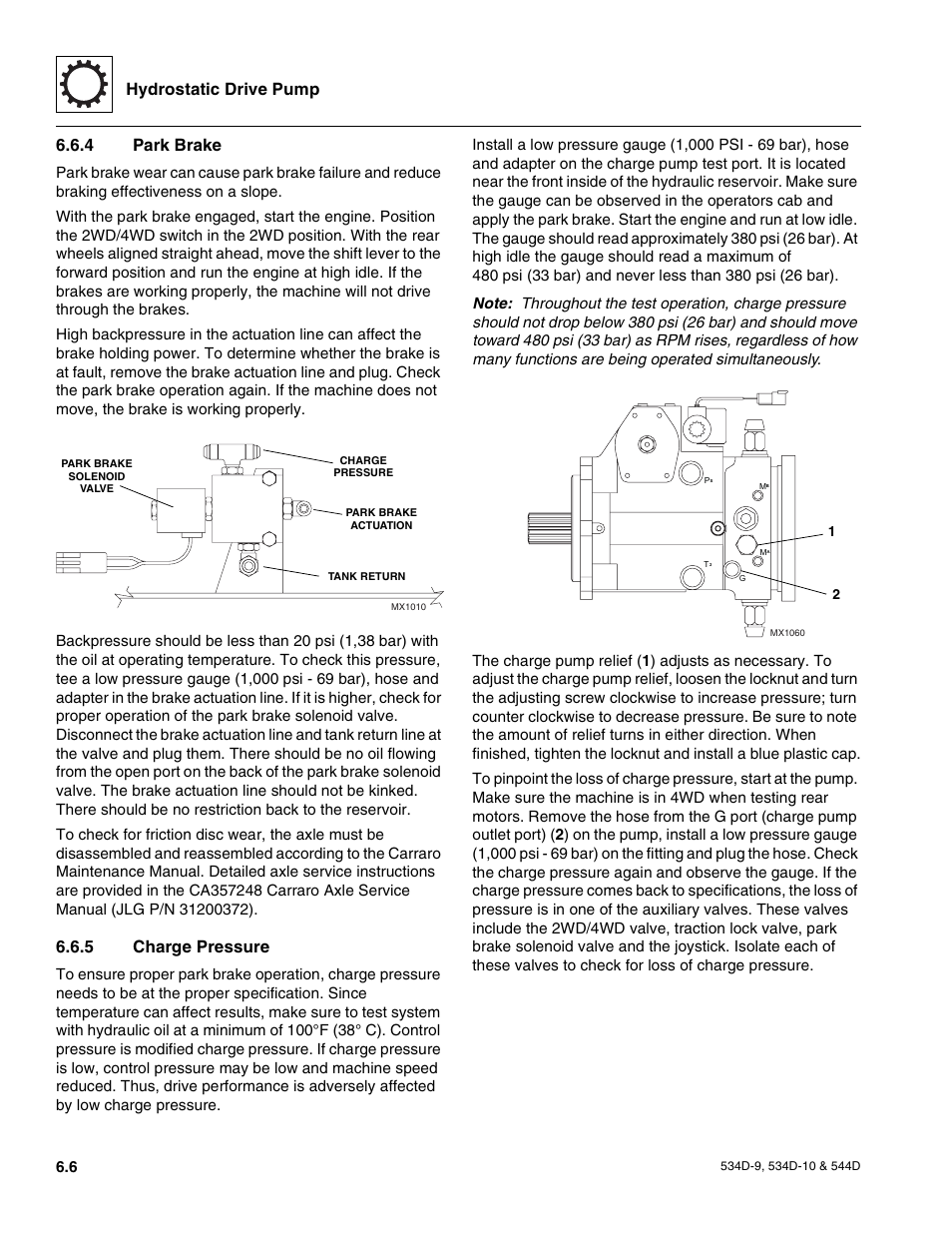 4 park brake, 5 charge pressure, Park brake | Charge pressure, Hydrostatic drive pump | JLG 534D-10 User Manual | Page 104 / 174