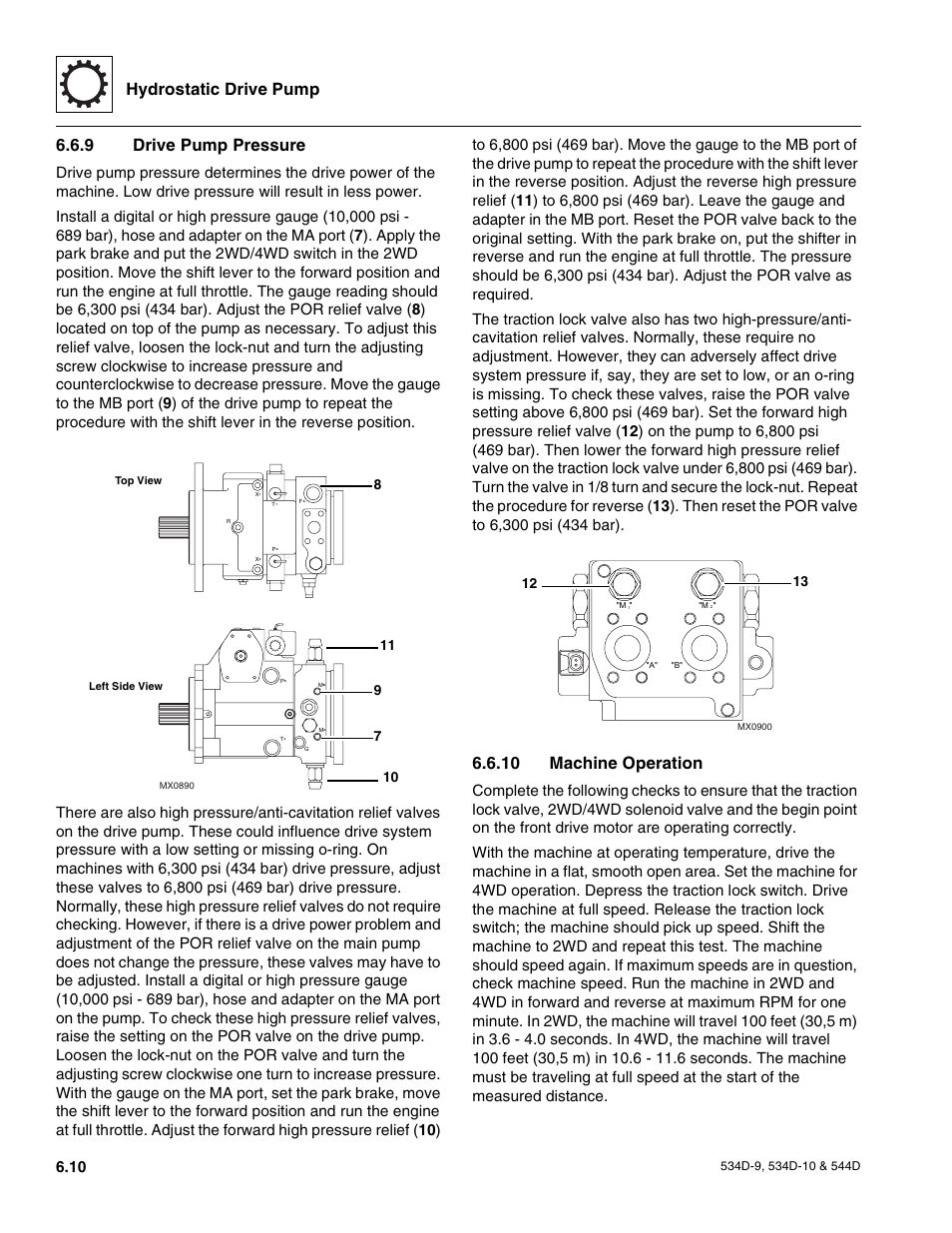 9 drive pump pressure, 10 machine operation, Drive pump pressure | Machine operation, Hydrostatic drive pump | JLG 534D-10 User Manual | Page 108 / 174