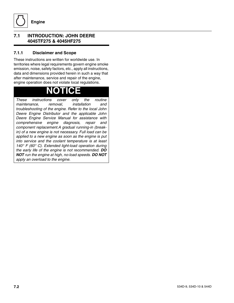 1 introduction: john deere 4045tf275 & 4045hf275, 1 disclaimer and scope, Specifications and maintenance information | Introduction: john deere 4045tf275 & 4045hf275, Disclaimer and scope, Notice | JLG 534D-10 User Manual | Page 110 / 174