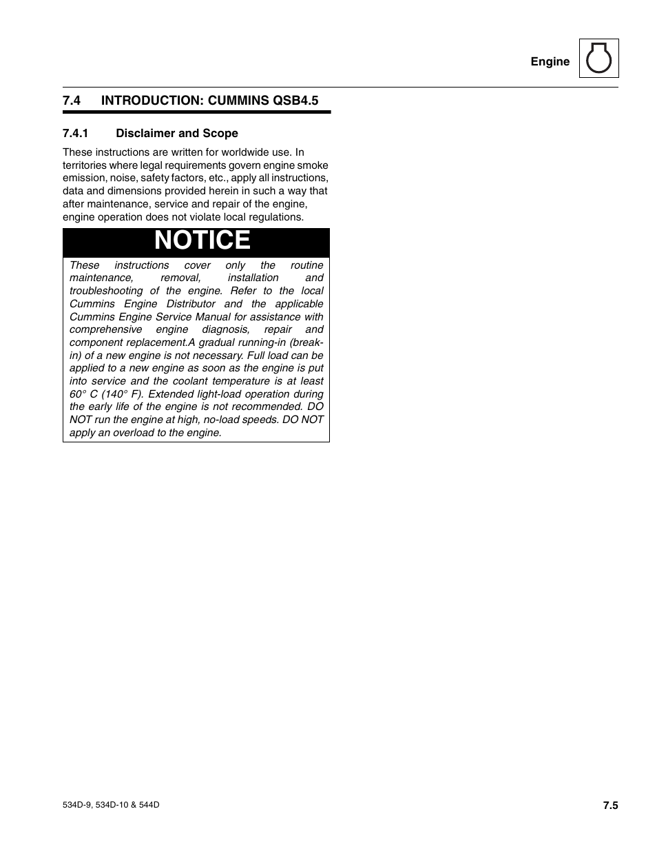 4 introduction: cummins qsb4.5, 1 disclaimer and scope, Specifications and maintenance information | Introduction: cummins qsb4.5, Disclaimer and scope, Notice | JLG 534D-10 User Manual | Page 113 / 174