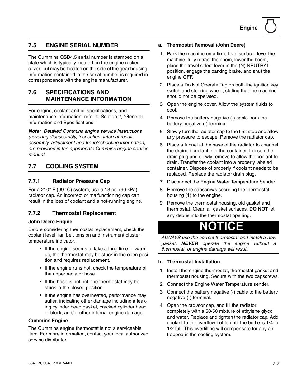 5 engine serial number, 6 specifications and maintenance information, 7 cooling system | 1 radiator pressure cap, 2 thermostat replacement, Cooling system, Electrical system, Fuel system, Engine serial number, Specifications and maintenance information | JLG 534D-10 User Manual | Page 115 / 174