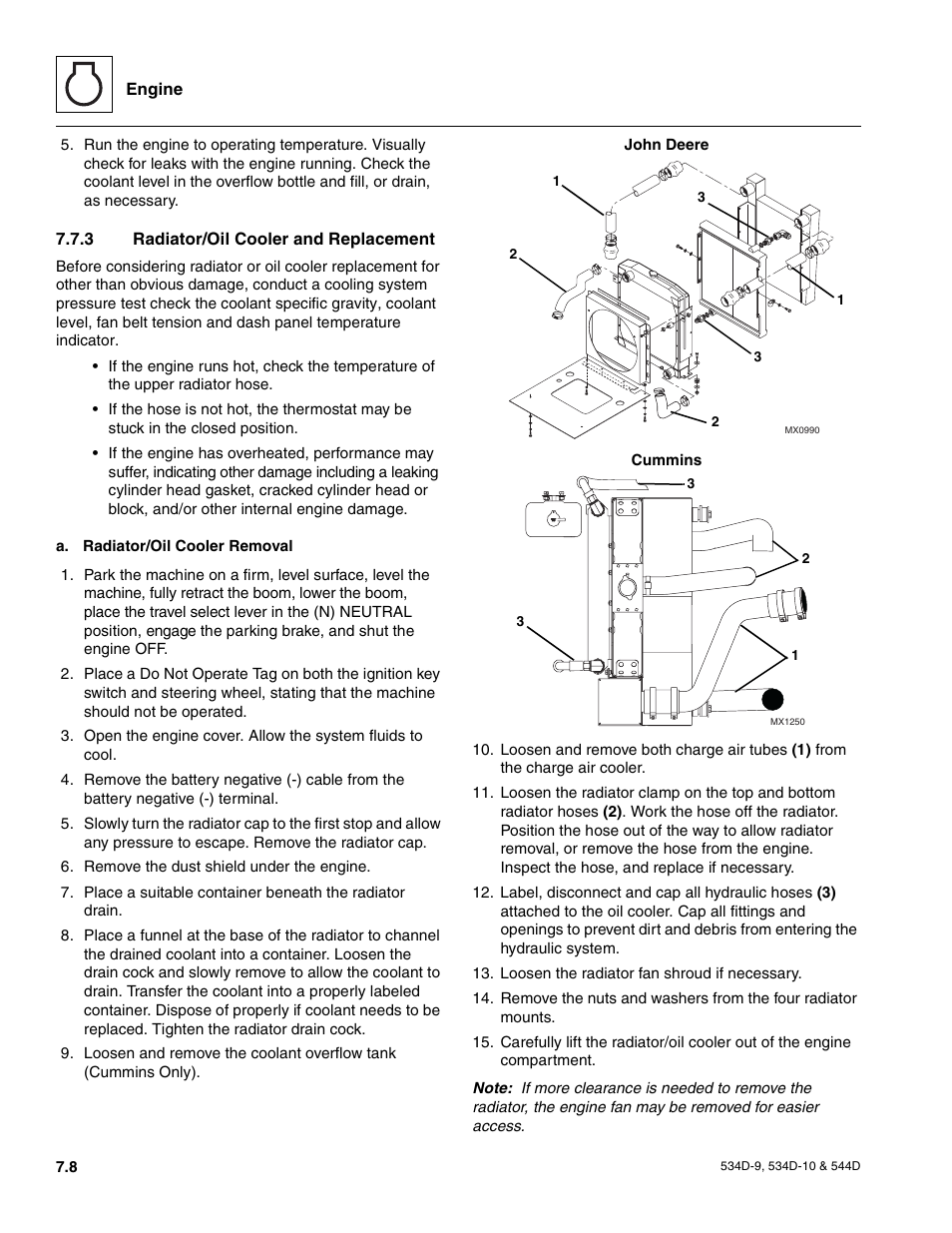 3 radiator/oil cooler and replacement, Radiator/oil cooler and replacement | JLG 534D-10 User Manual | Page 116 / 174