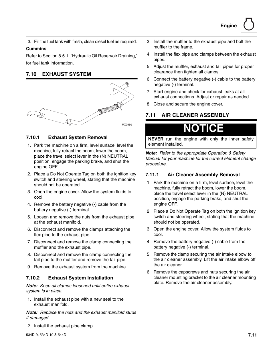 10 exhaust system, 1 exhaust system removal, 2 exhaust system installation | 11 air cleaner assembly, 1 air cleaner assembly removal, Engine replacement, Engine drive plate/coupling, Exhaust system, Exhaust system removal, Exhaust system installation | JLG 534D-10 User Manual | Page 119 / 174
