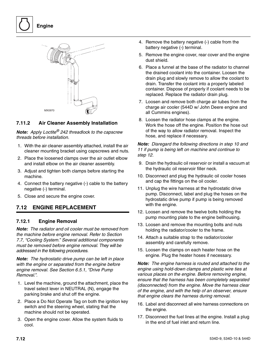 2 air cleaner assembly installation, 12 engine replacement, 1 engine removal | Engine troubleshooting, Air cleaner assembly installation, Engine replacement, Engine removal | JLG 534D-10 User Manual | Page 120 / 174