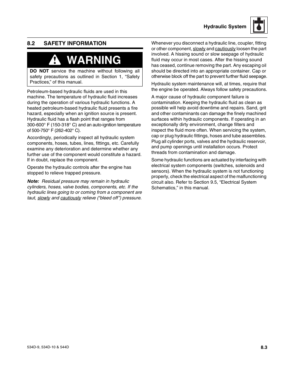 2 safety information, Hydraulic circuits, Safety information | Warning | JLG 534D-10 User Manual | Page 127 / 174