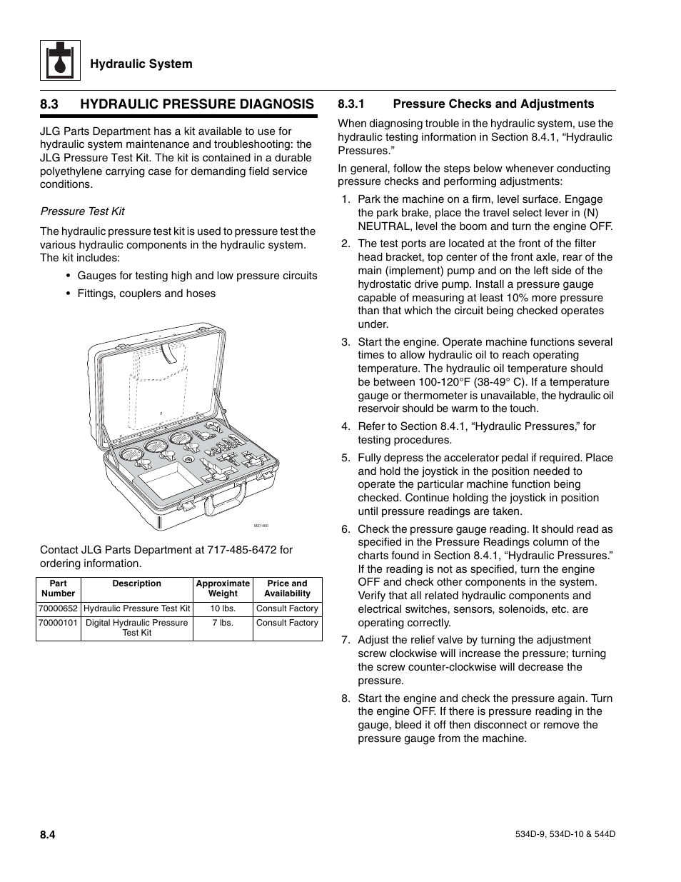 3 hydraulic pressure diagnosis, 1 pressure checks and adjustments, Hydraulic reservoir | Hydraulic pressure diagnosis, Pressure checks and adjustments | JLG 534D-10 User Manual | Page 128 / 174