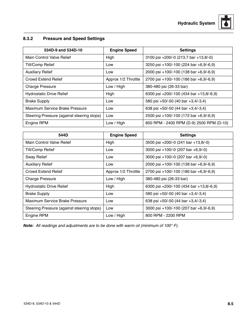 2 pressure and speed settings, Pressure and speed settings | JLG 534D-10 User Manual | Page 129 / 174