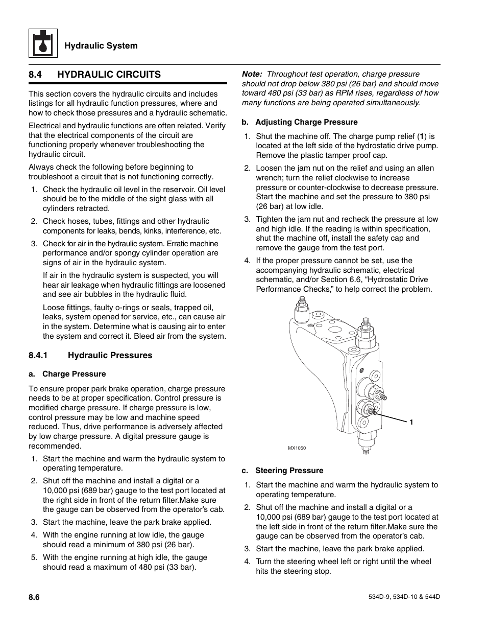 4 hydraulic circuits, 1 hydraulic pressures, Engine implement pump | Section 8.4, “hydraulic, Circuits, Hydraulic circuits, Hydraulic pressures | JLG 534D-10 User Manual | Page 130 / 174