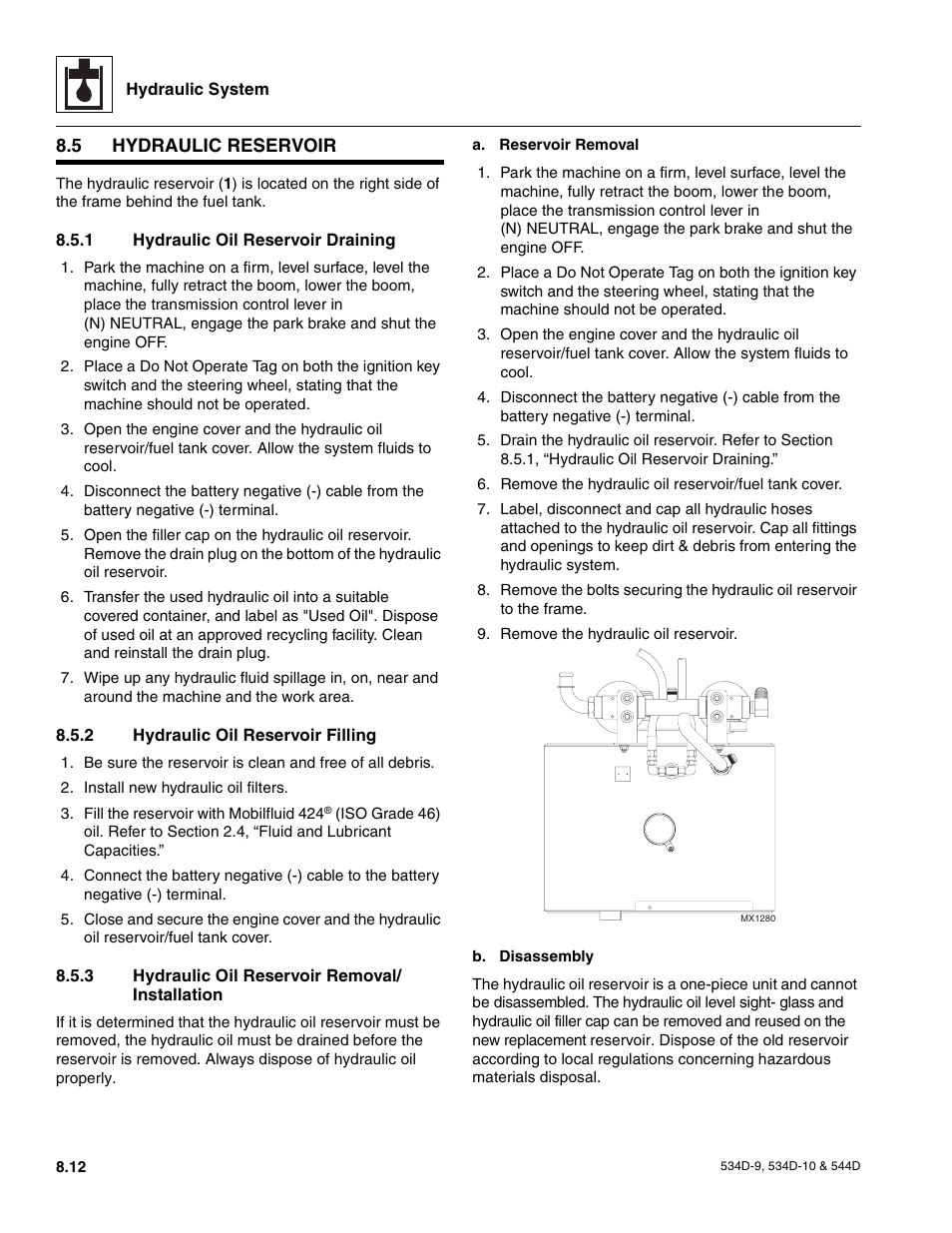 5 hydraulic reservoir, 1 hydraulic oil reservoir draining, 2 hydraulic oil reservoir filling | 3 hydraulic oil reservoir removal/ installation, Drive motors, Section 8.5, Hydraulic reservoir, Hydraulic oil reservoir draining, Hydraulic oil reservoir filling, Hydraulic oil reservoir removal/installation | JLG 534D-10 User Manual | Page 136 / 174