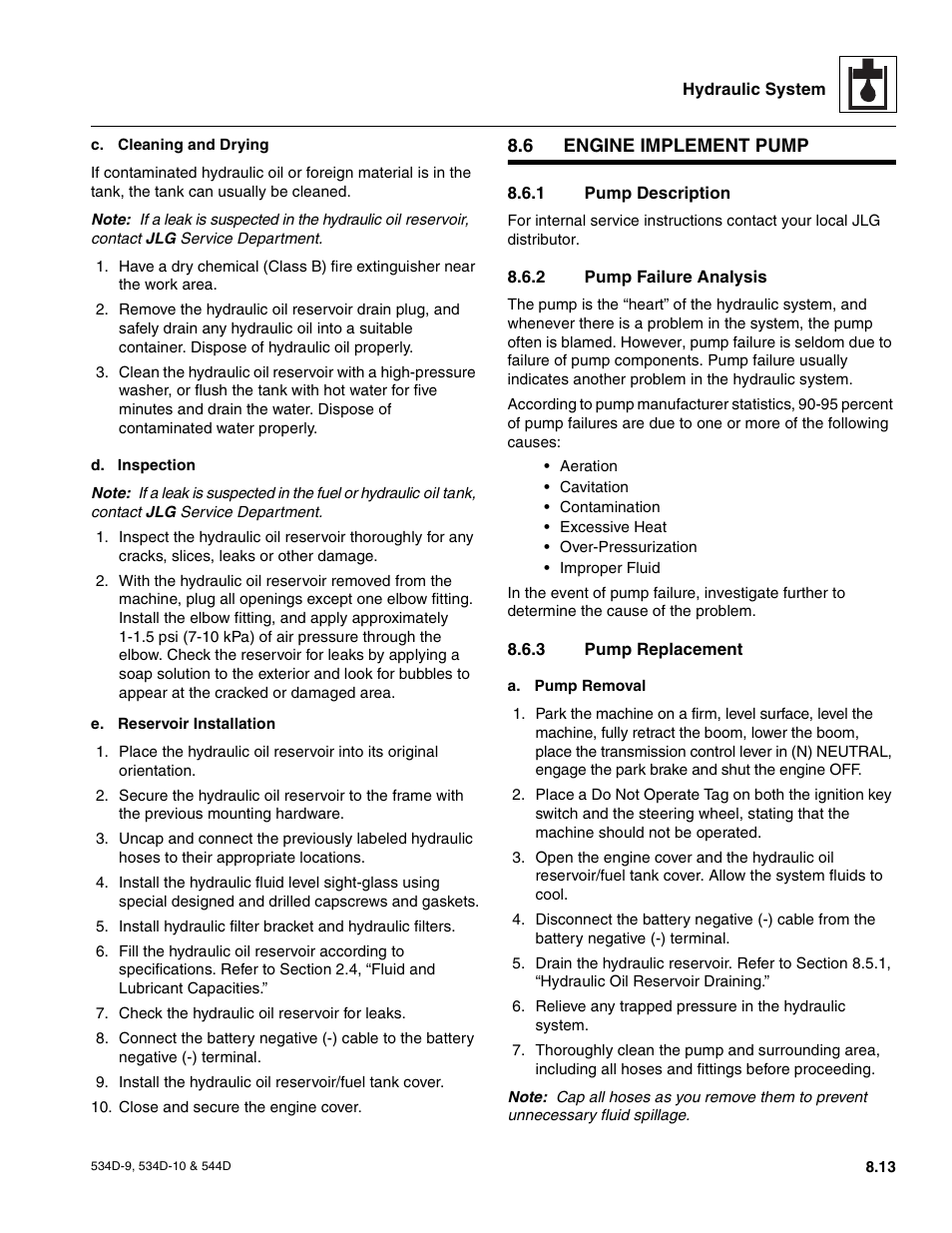 6 engine implement pump, 1 pump description, 2 pump failure analysis | 3 pump replacement, Control valves, Engine implement pump, Pump description, Pump failure analysis, Pump replacement | JLG 534D-10 User Manual | Page 137 / 174