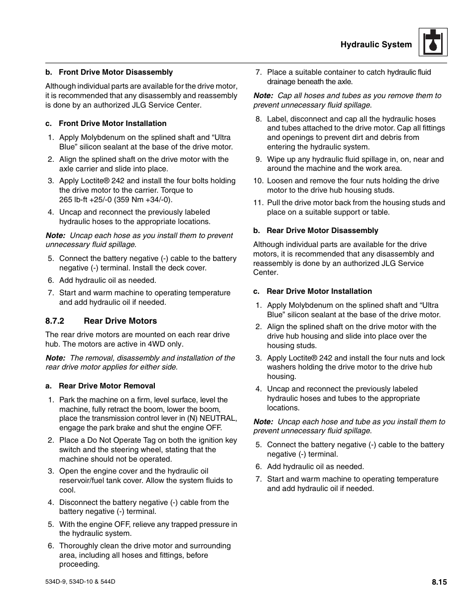2 rear drive motors, Section 8.7.2, “rear drive motors, Rear drive motors | JLG 534D-10 User Manual | Page 139 / 174
