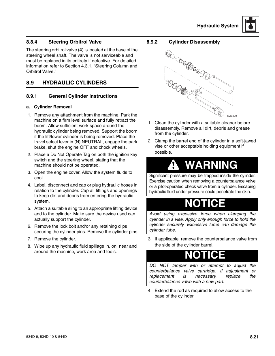 4 steering orbitrol valve, 9 hydraulic cylinders, 1 general cylinder instructions | 2 cylinder disassembly, Lectrical system, Steering orbitrol valve, Hydraulic cylinders, General cylinder instructions, Warning, Notice | JLG 534D-10 User Manual | Page 145 / 174