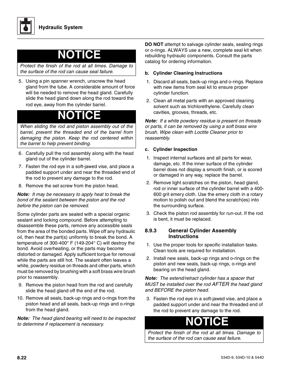 3 general cylinder assembly instructions, Notice | JLG 534D-10 User Manual | Page 146 / 174